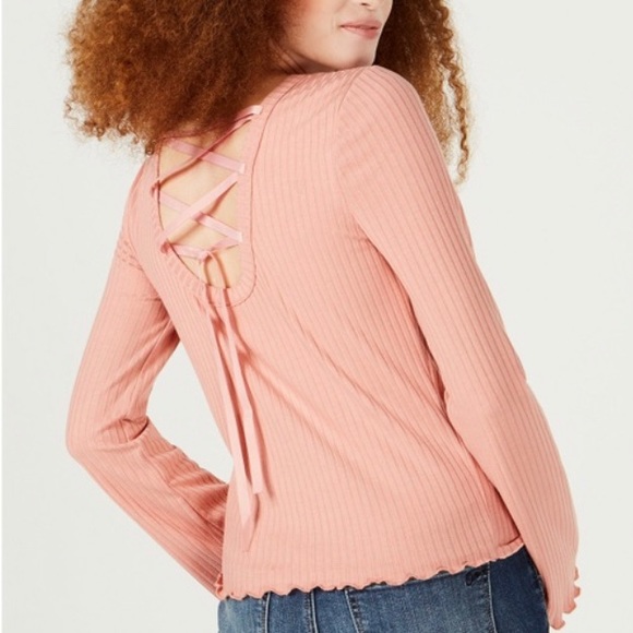 NWT American Rag Lace Up Ribbed Top Cameo Brown - Picture 2 of 5